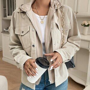 Apricot Casual Women's Flap Pocket Drop Shoulder Drawstring Hooded Jacket